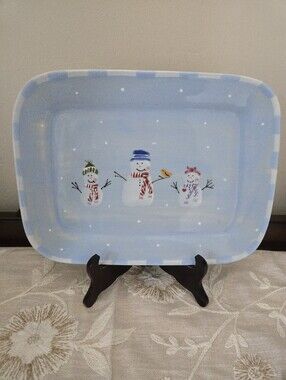 Hartstone "Snow 3  People Snowman" Rectangular Plate Platter USA Winter Blue